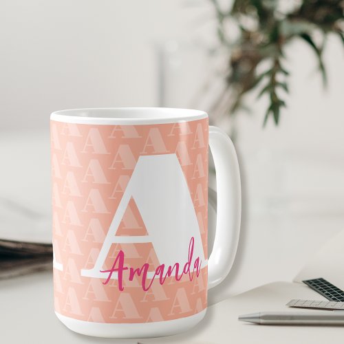 Feminine Peach Pink Initial White Letter Script  Coffee Mug