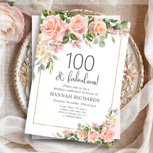 Feminine Peach   Pink Roses Floral 100th Birthday  Invitation