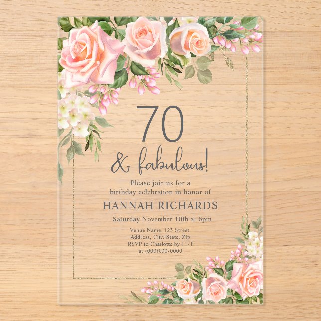 Feminine Peach | Pink Roses Floral 70th Birthday  Acrylic Invitations (Front)