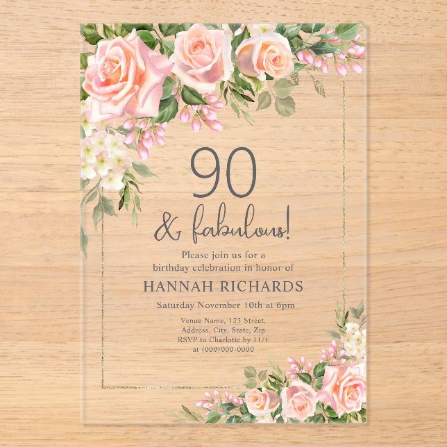 Feminine Peach | Pink Roses Floral 90th Birthday  Acrylic Invitations (Front)
