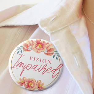 Feminine Peach Rose Floral Script Vision Impared Button