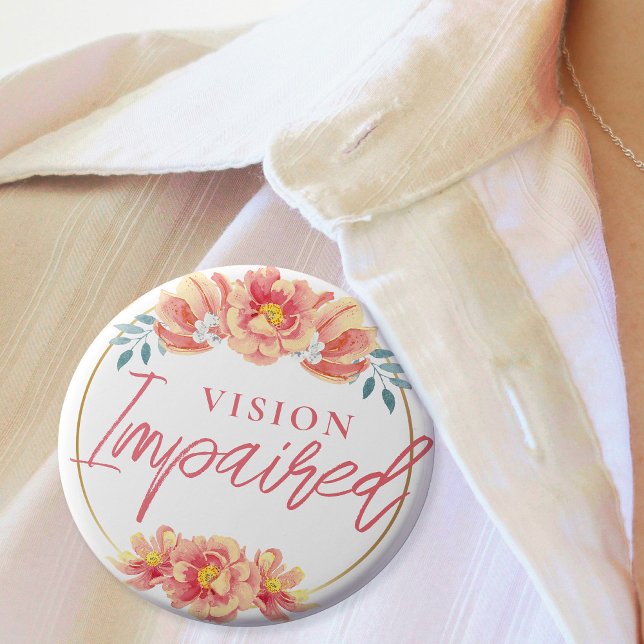 Feminine Peach Rose Floral Script Vision Impared Button (Feminine Peach Rose Floral Script Vision Impared Button)