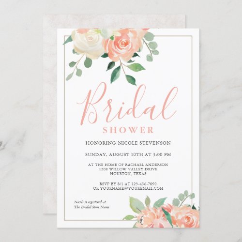 Feminine Peach Watercolor Floral Bridal Shower Invitation