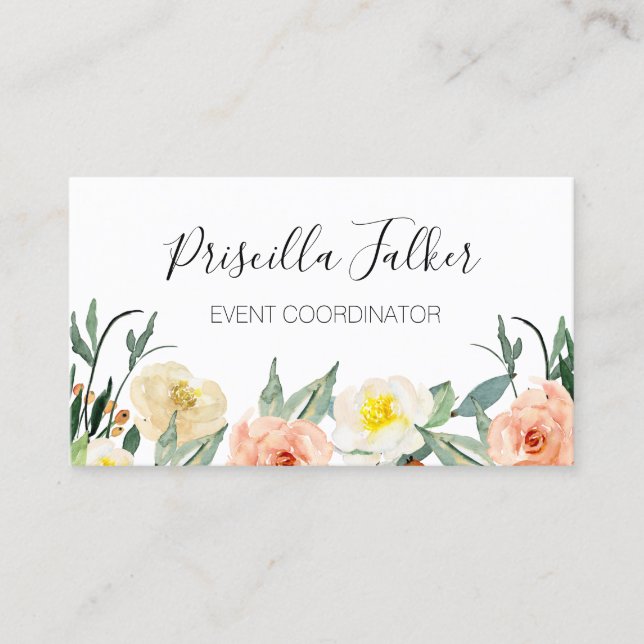 Feminine Peach Watercolor Flowers Business Card (Front)