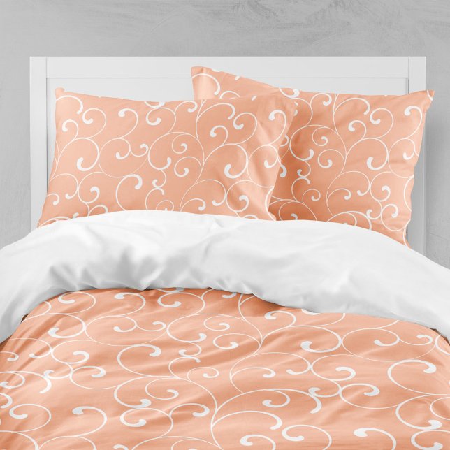 Feminine Peach Whimsical Curls Pattern Duvet Cover (A bright and cheerful peach colored whimsical pattern for a fresh look for your bedroom.)