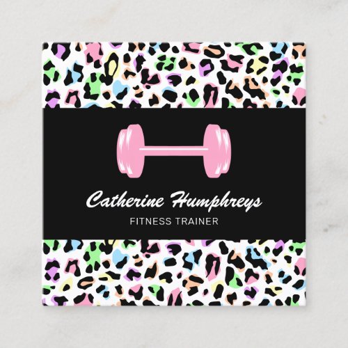 Feminine Personal Trainer Leopard Print Square Business Card - Modern female fitness trainer business cards featuring a multi-colored rainbow leopard print background, a pink dumbell, your name, title, contact details, and social media icons. This would make a perfect business card for anyone who trains people whether you work in a gym or for yourself. The icons can be removed by clicking on personalize and then tap to customize further.