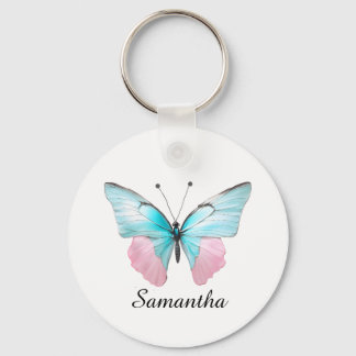 Feminine Pink and Aqua Personalized Butterfly Keychain