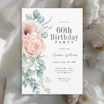 Feminine Pink and Beige Floral 60th Birthday Party Invitation<br><div class="desc">A beautifully feminine party invitation to celebrate a 60th birthday in elegant style, this charming watercolor floral design is bordered pink and peach roses and poppies with lovely trailing eucalyptus greenery. All of the text may be personalized for your party, including the guest of honor's age. This invitation is available...</div>