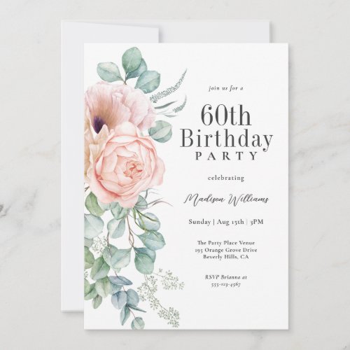 Feminine Pink and Beige Floral 60th Birthday Party Invitation