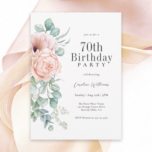 Feminine Pink and Beige Floral 70th Birthday Party Invitation