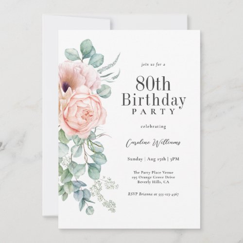 Feminine Pink and Beige Floral 80th Birthday Party Invitation