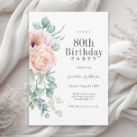 Feminine Pink and Beige Floral 80th Birthday Party Invitation<br><div class="desc">A beautifully feminine party invitation to celebrate a 80th birthday in elegant style, this charming watercolor floral design has pink and peach roses and poppies with lovely trailing eucalyptus greenery along the left border. All of the text may be personalized for your party, including the guest of honor's age. This...</div>