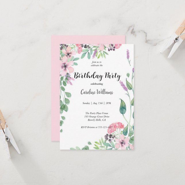 Feminine Pink and Beige Floral Birthday Party  Invitation (Front/Back In Situ)