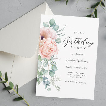 Feminine Pink And Beige Floral Birthday Party Invitation by DancingPelican at Zazzle