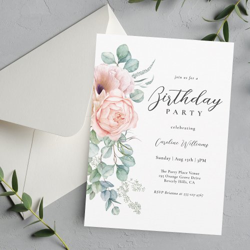 Feminine Pink and Beige Floral Birthday Party Invitation