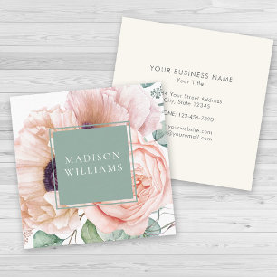 Feminine Pink and Beige Poppies Watercolor Floral Square Business Card
