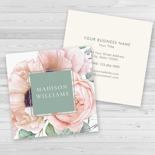 Feminine Pink and Beige Poppies Watercolor Floral Square Business Card