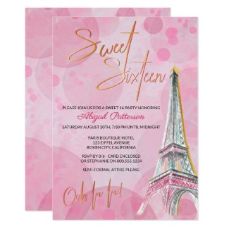Feminine Pink and Gold Eiffel Tower Paris Sweet 16 Invitation