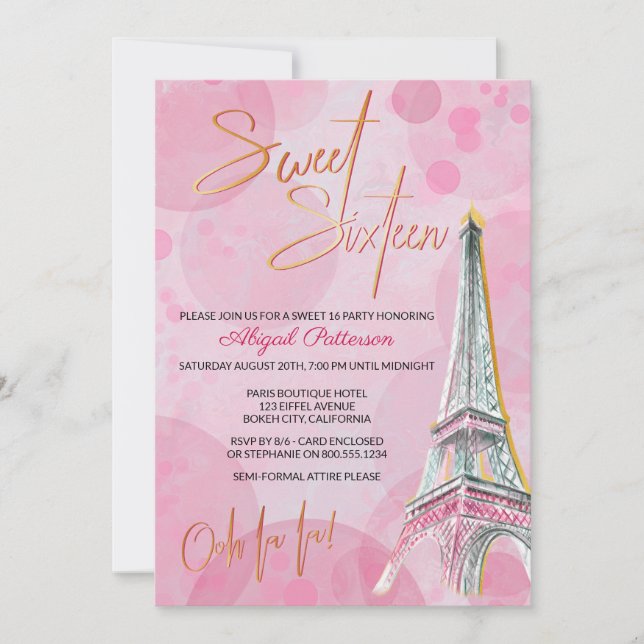 Feminine Pink and Gold Eiffel Tower Paris Sweet 16 Invitation (Front)