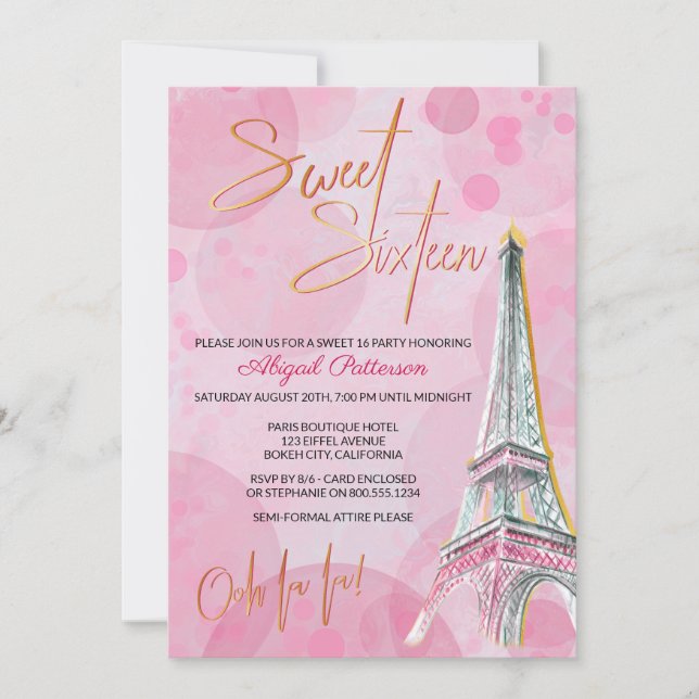 Feminine Pink and Gold Eiffel Tower Paris Sweet 16 Invitation (Front)