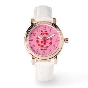 Feminine pink and red floral hearts, customizable watch