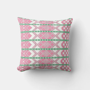 Feminine Pink and white Latvian tribal folk art Throw Pillow