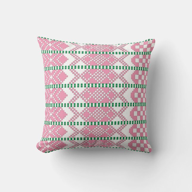 Feminine Pink and white Latvian tribal folk art Throw Pillow (Front)