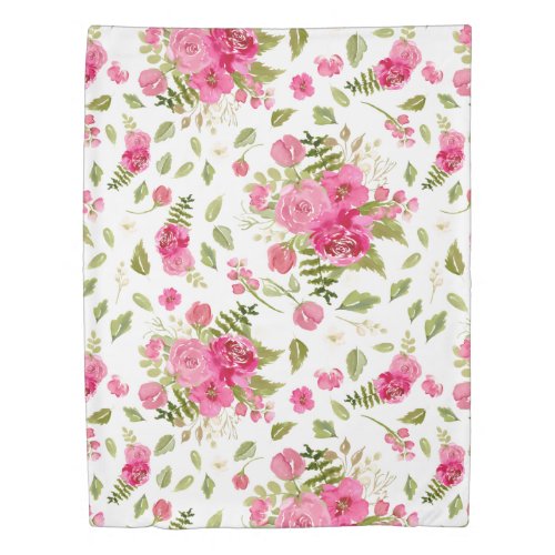 Feminine pink and white watercolor floral duvet cover
