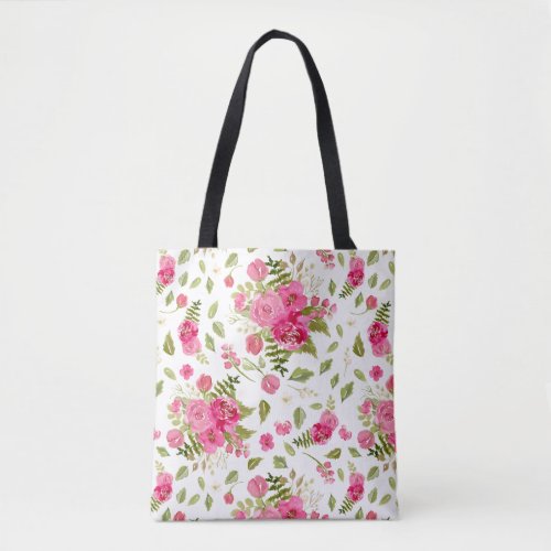 Feminine pink and white watercolor floral tote bag