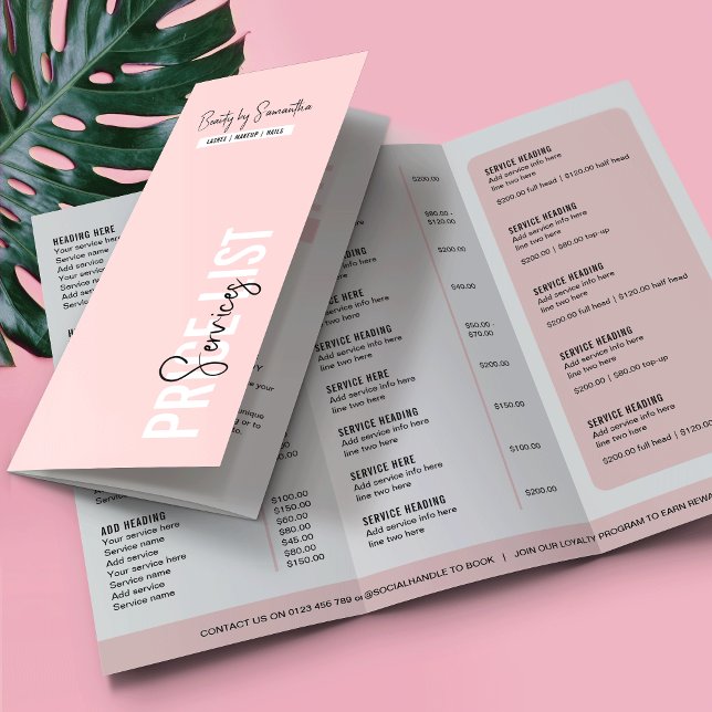 Feminine Pink Beauty Salon Tri-Fold Price List Brochure (Creator Uploaded)