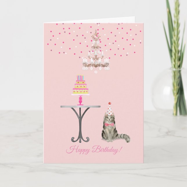 Feminine Pink Birthday Card from the Cat (Front)