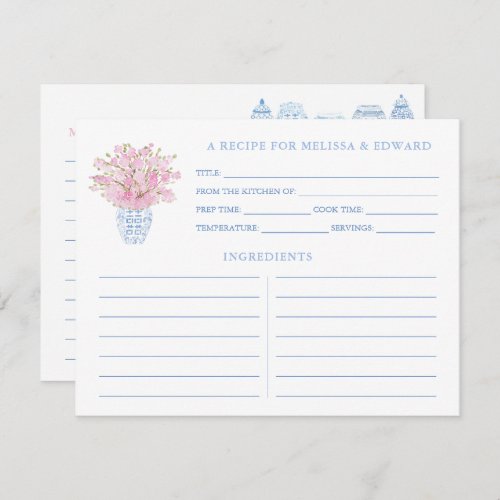 Feminine Pink Blue Ginger Jars Shower Recipe Card