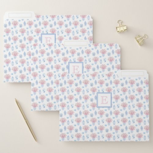 Feminine Pink Blue Watercolor Home School Office File Folder - Pretty and Preppy Pink, Blue And White Patterned file folders! With this elegant pattern, filing could *almost* be enjoyable!