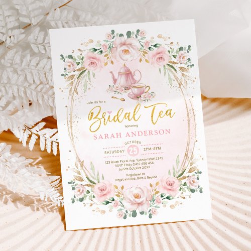 Feminine Pink Blush Flower Bridal Shower Tea Invitation