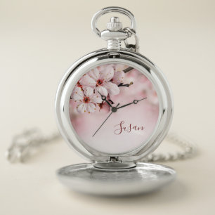 Feminine Pink Botanical Spring Cherry Flowers Name Pocket Watch