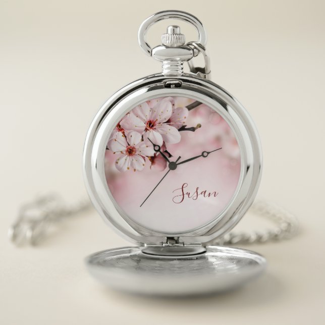 Feminine Pink Botanical Spring Cherry Flowers Name Pocket Watch (Inside)