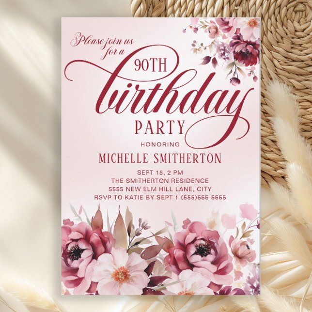 Feminine Pink Burgundy Floral 90th Birthday Invitation (Burgundy and pink watercolor floral 90th birthday party invitation)