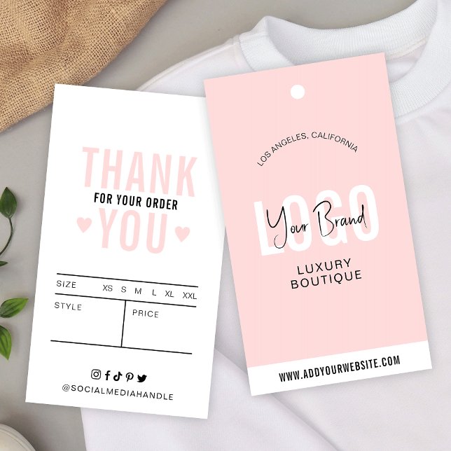 Feminine Pink Clothing Labels Boutique Hang Tags (Modern blush pink and white clothing labels with space for your logo and product details)