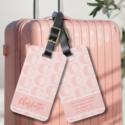 Feminine Pink Coral White Monogram Initial Letter  Luggage Tag