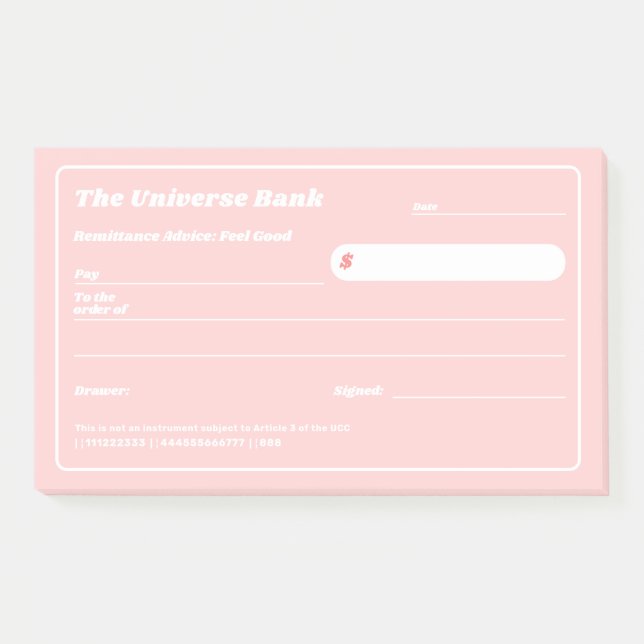 Feminine Pink Financial Manifestation Blank Check Post-it Notes (Front)