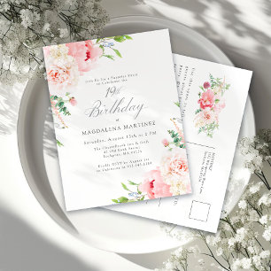 Feminine Pink Floral 19th Birthday Surprise Party Invitation Postcard