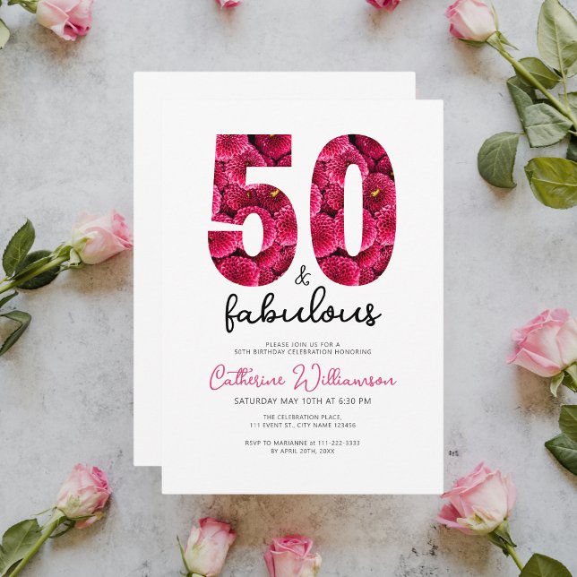Feminine Pink Floral 50 and Fabulous Birthday Invitation (Creator Uploaded)