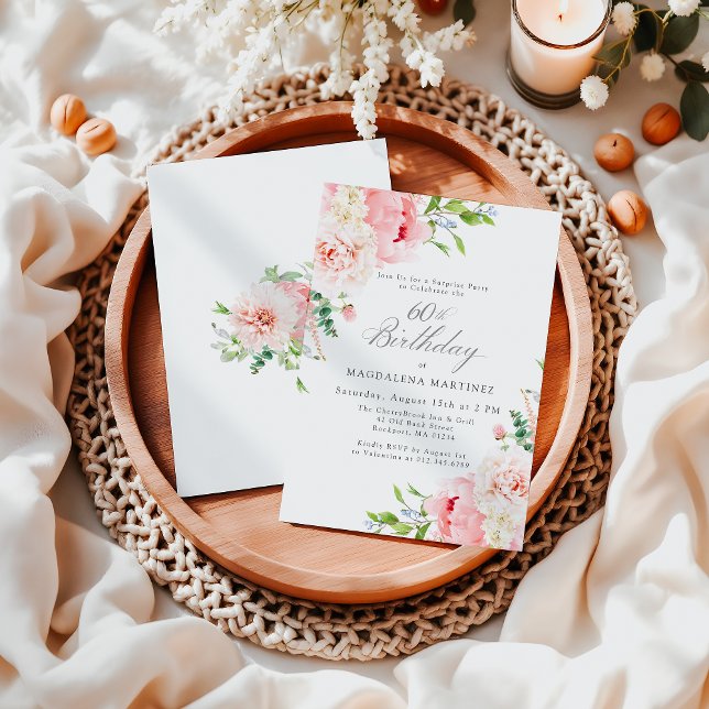 Feminine Pink Floral 60th Birthday Surprise Party Invitation (Creator Uploaded)