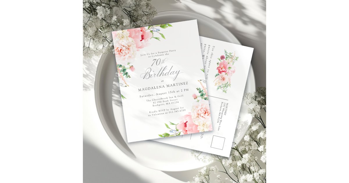 Feminine Pink Floral 70th Birthday Surprise Party Invitation Postcard