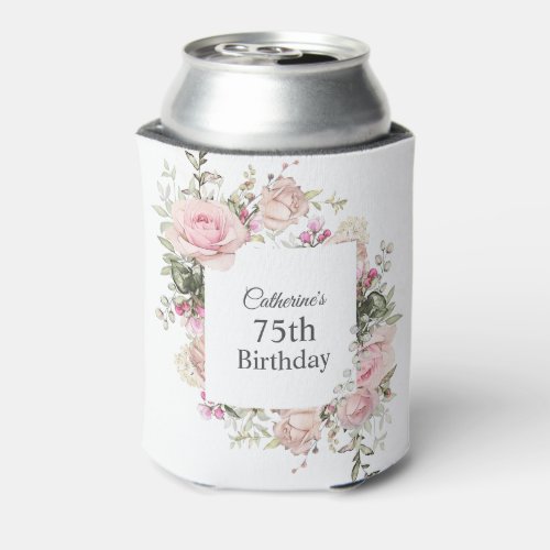 Feminine Pink Floral 75th Birthday Can Cooler