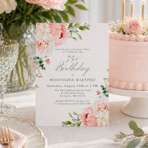 Feminine Pink Floral 75th Birthday Surprise Party Invitation