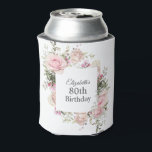 Feminine Pink Floral 80th Birthday Can Cooler<br><div class="desc">Pretty and feminine, this garden floral design features a square frame of cascading pastel pink roses and greenery surrounding your text. Shown here to celebrate an 80th birthday, you can personalize this text with any wording of your choice. It adds a wonderful custom coordinated look to your celebration and makes...</div>