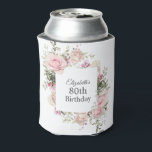 Feminine Pink Floral 80th Birthday Can Cooler<br><div class="desc">Pretty and feminine, this garden floral design features a square frame of cascading pastel pink roses and greenery surrounding your text. Shown here to celebrate an 80th birthday, you can personalize this text with any wording of your choice. It adds a wonderful custom coordinated look to your celebration and makes...</div>