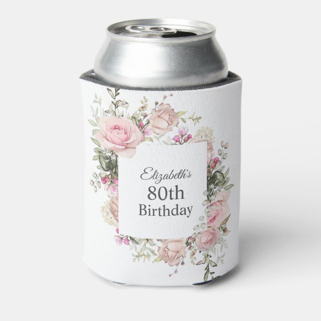 Feminine Pink Floral 80th Birthday Can Cooler (Can Back)