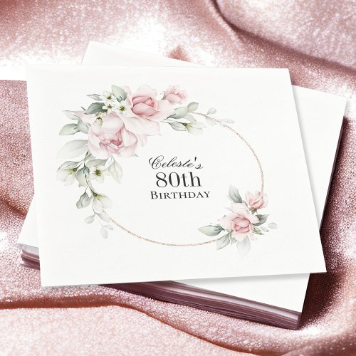Feminine Pink Floral 80th Birthday Party Napkins
